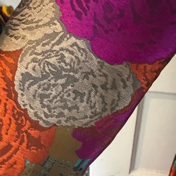 Samuel Dong Olive Green Satin Floral Wrap Dress Coatwith Purple & Orange Accents - Picture 8 of 9